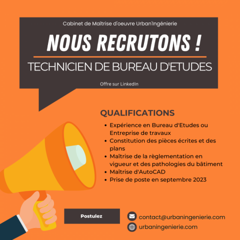Recrutement Technicien de Bureau d'Etudes en Maîtrise d'œuvre à Rennes